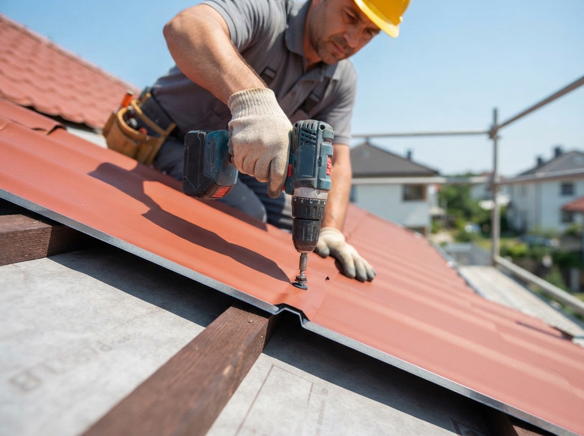 Roofer fastening a metal roof panel with a cordless drill