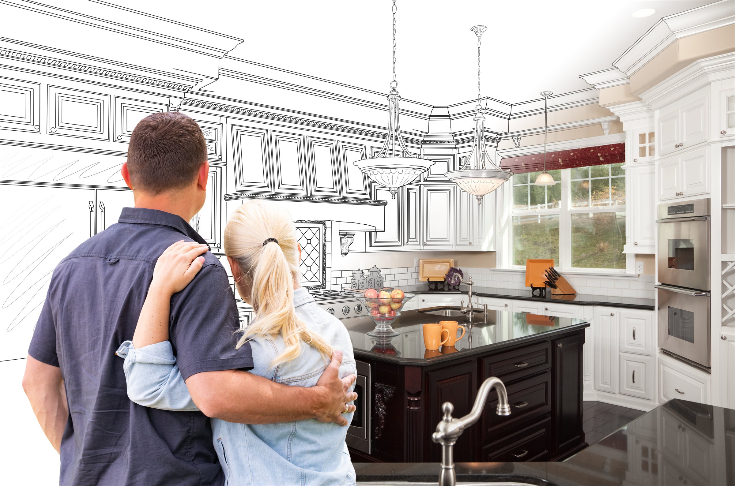 Kitchen design drawing beside the finished remodel