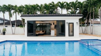 Poolside Cabana with Quartz Waterfall Bar